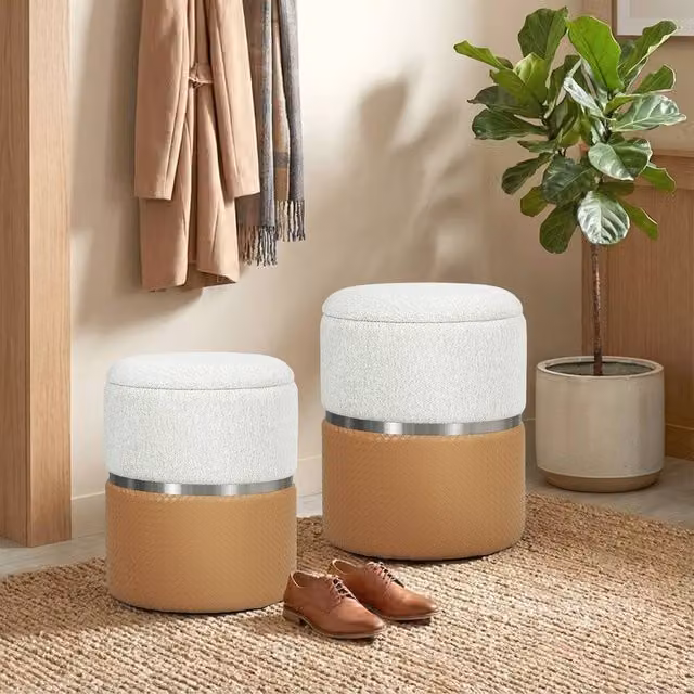 KORVIXA Set of 2 Round Storage Ottomans in Brown and Multicolour, W/D: 100 x 100 cm