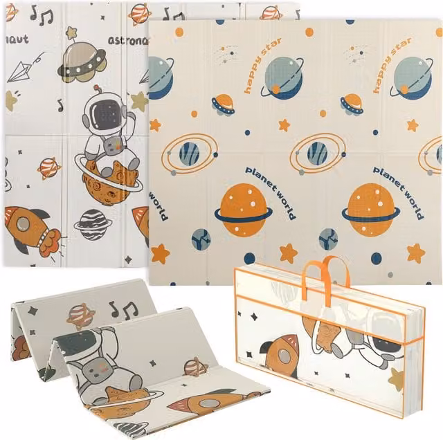 AIYAPLAY Reversible and Waterproof Double Sided Foldable Baby Play Mat with Astronaut and Planet Design in Multicolour