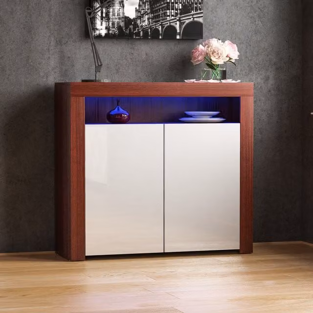 Vida Designs Nova Modern LED Sideboard in Walnut and White Glossy Finish