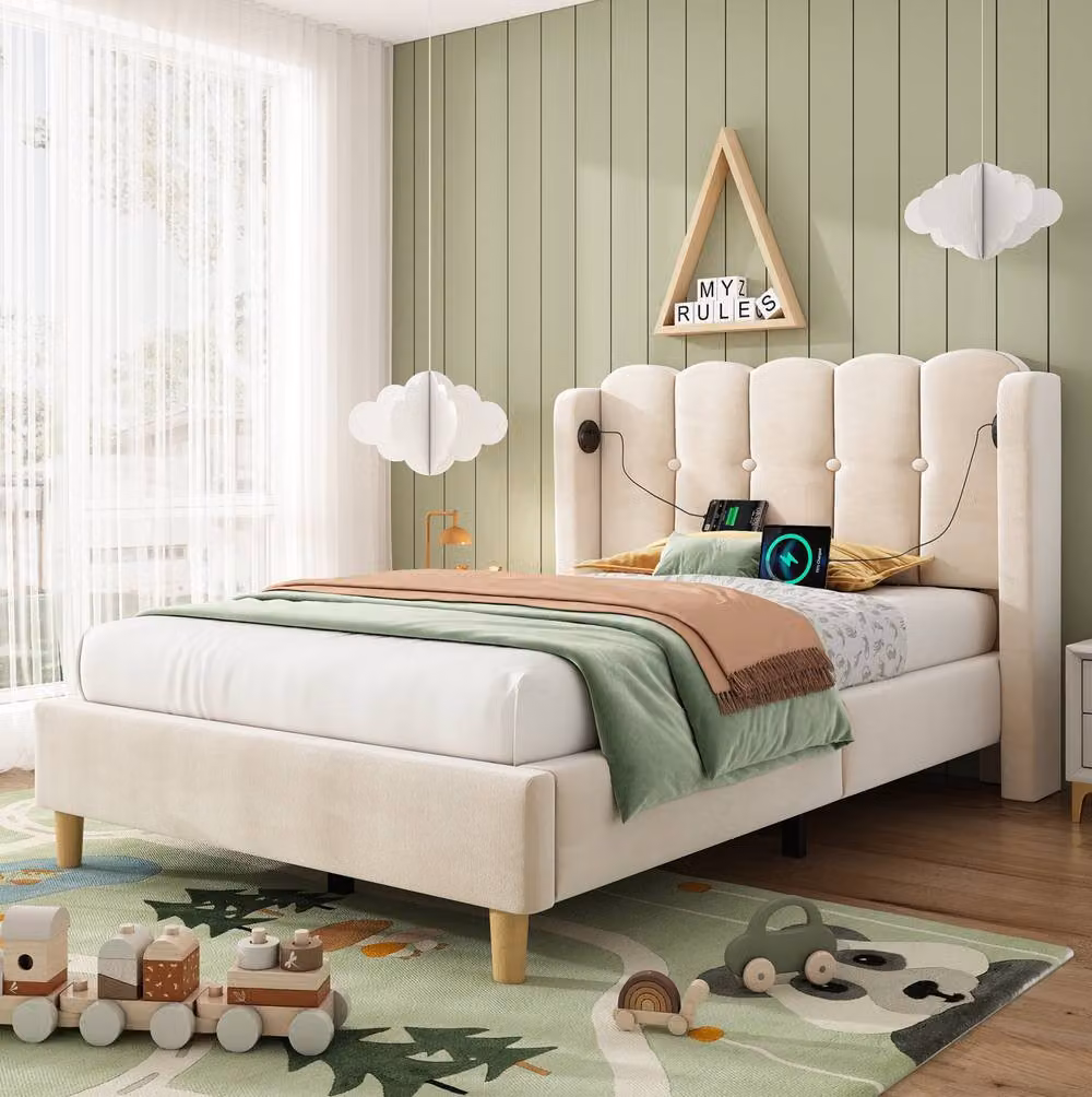 STILVORA Upholstered Bed Frame in Beige with USB Charging Port, W/D/H: 90 x 190 x 103 cm – 2