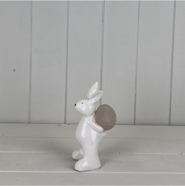 KDMD White Ceramic Rabbit Holding Egg Tabletop Decoration