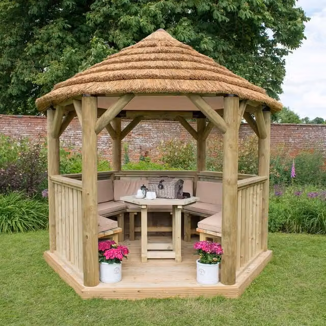 Forest Hexagonal Thatched Garden Gazebo with Rustic Wood and Reed Construction, Diameter: 300 cm