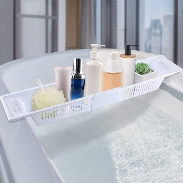 EONLION Extendable White Plastic Bath Caddy with Drainage Tray – 1