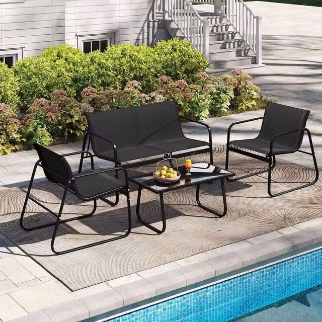 Costway 4-Piece Outdoor Furniture Set in Black with Metal Frame, Upholstered Cushions, 2-Seater Sofa, Armchairs and Coffee Table – 1