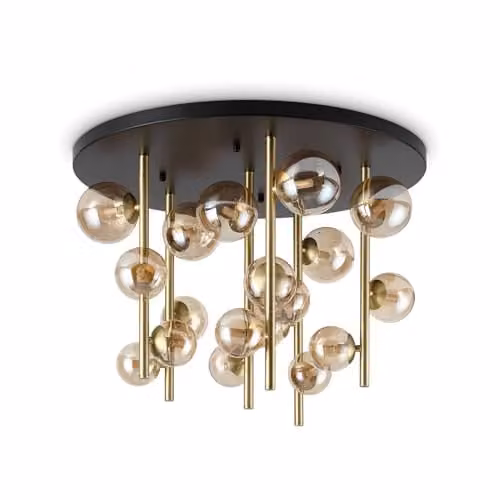 Ideal Lux Perlage 18 Light Globe Ceiling Light in Brass with Amber Glass Shades