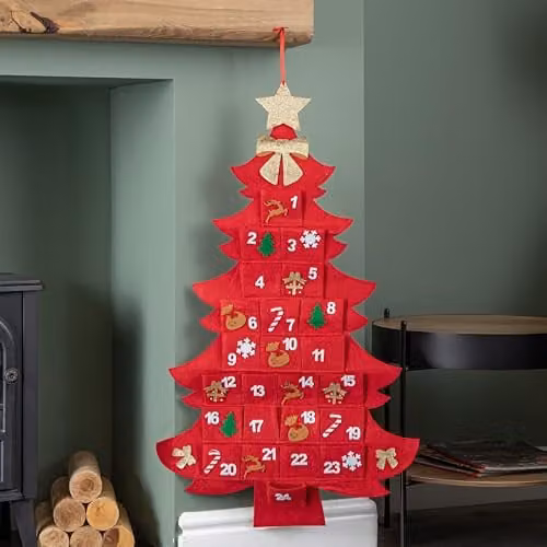 Samuel Alexander Red Fabric Christmas Tree Shaped Hanging Advent Calendar Decoration, Height: 90 cm