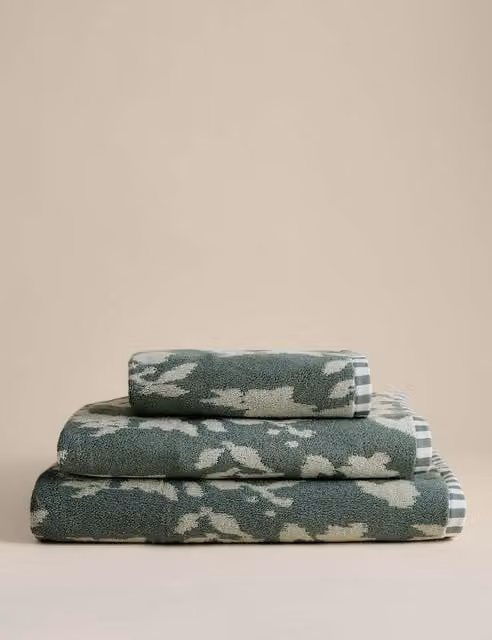 M&S Fluffy Pure Cotton Floral Towel in Smokey Green