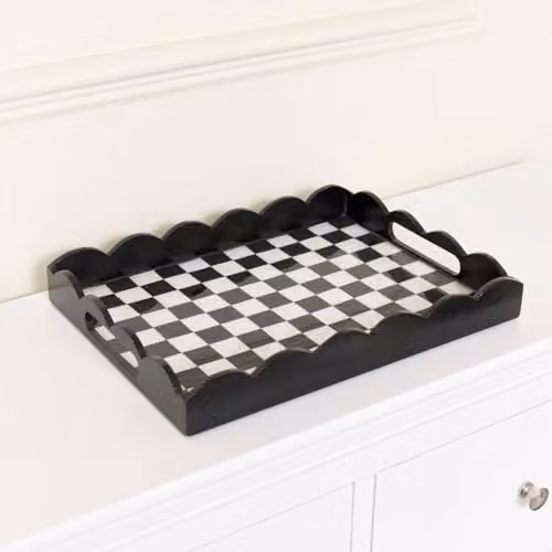 Melody Maison Rectangular Black and White Monochrome Checked Scalloped Tray