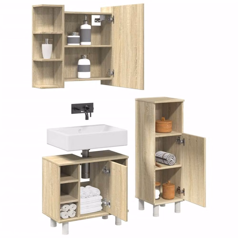 Berkfield Home 3 Piece Modern Bathroom Furniture Set in Sonoma Oak and Beige – 2