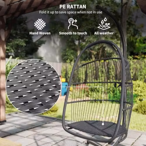 Outsunny Rattan Hanging Egg Chair with Stand and Cushions, Grey – 4