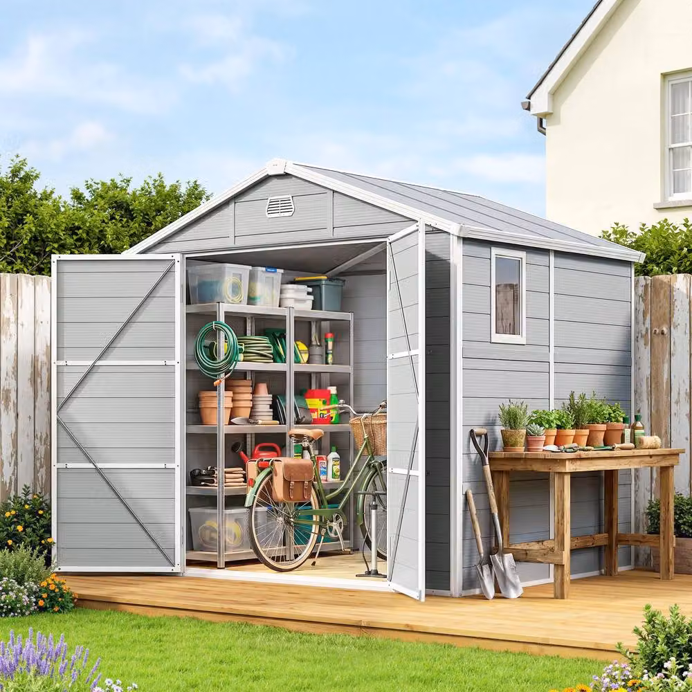 Rolipo Plastic Garden Shed with Foundation Kit and Window, Light Grey – 3