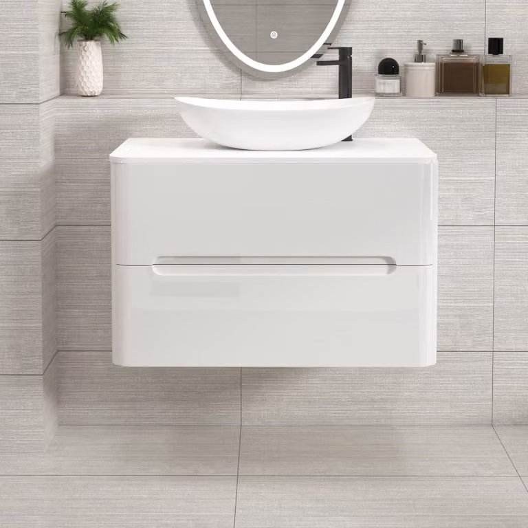 Royal Bathrooms Venice 800mm Gloss White Wall Hung Vanity Unit with 2 Drawers, Plain White Worktop and Cesar Basin