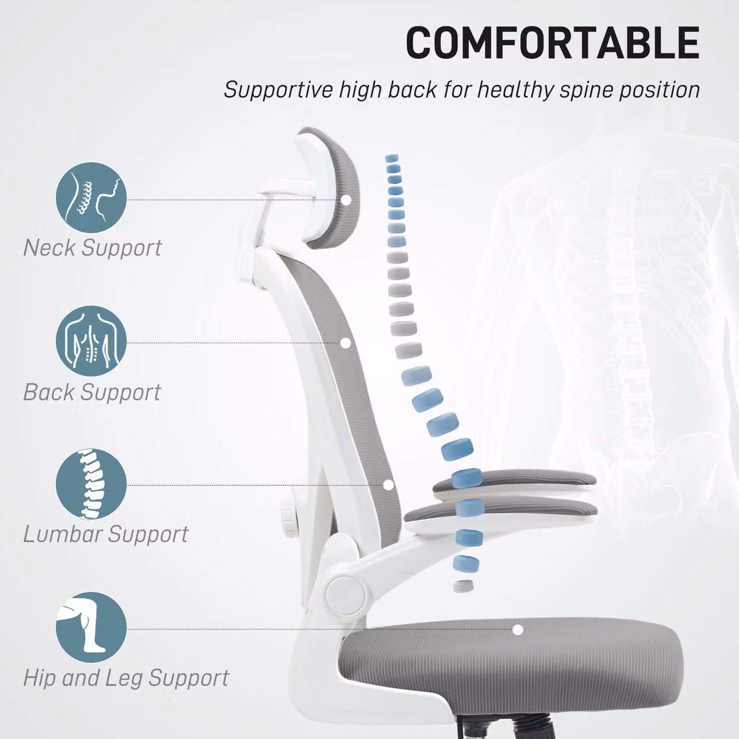 HOMCOM Grey Fabric Executive Office Chair with Ergonomic High Back, Headrest and Swivel Function – 3