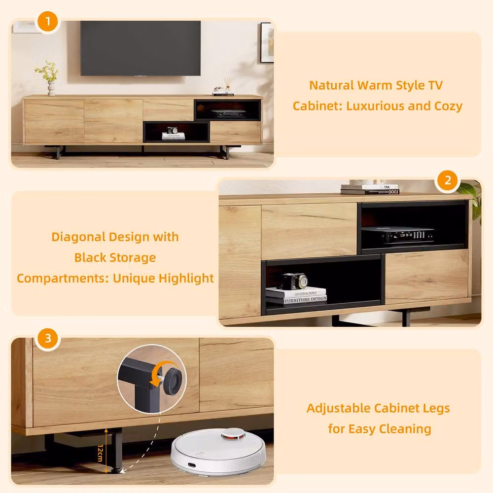BTM TV Cabinet with Storage Drawers, Doors and Open Shelves in Natural Wood Finish, W: 173.0 cm, H: 48.0 cm, D: 38.0 cm – 5