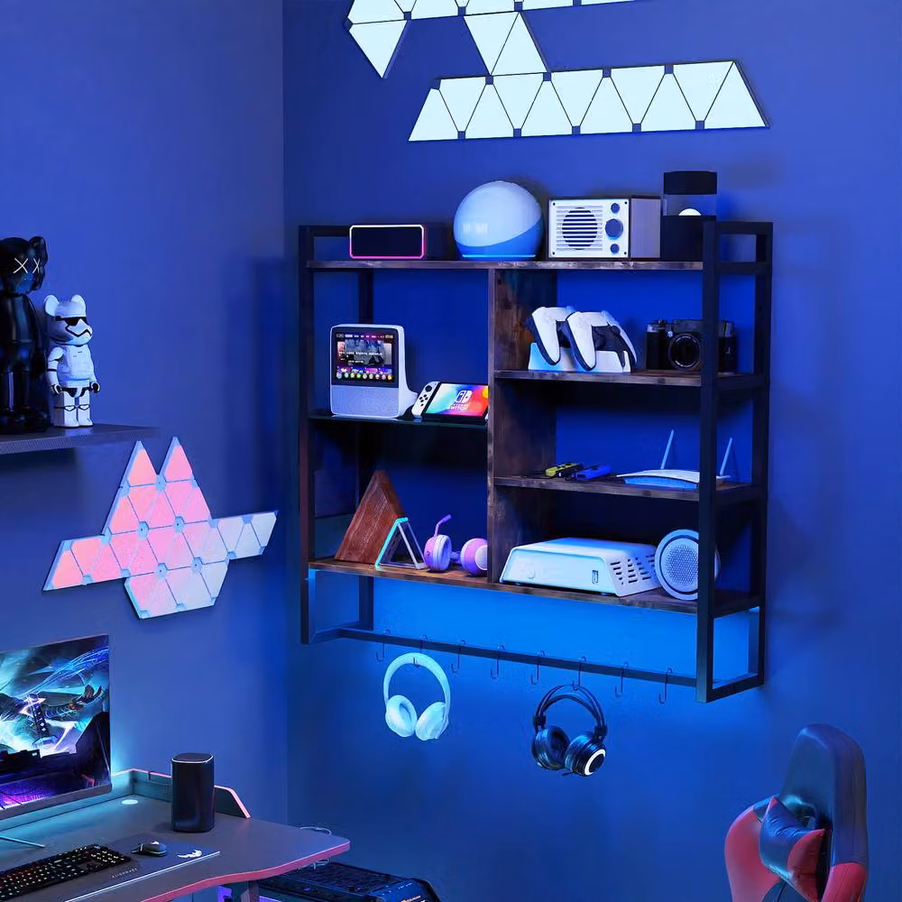 Costway 6-Tier Brown Wall Mounted Floating Shelves with Integrated Lighting and Remote and App Control – 3