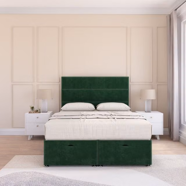 Sloomy Texas Small Single Ottoman Bed with Sprung Memory Mattress and 54 Inch Floorstanding Headboard in Emerald Green