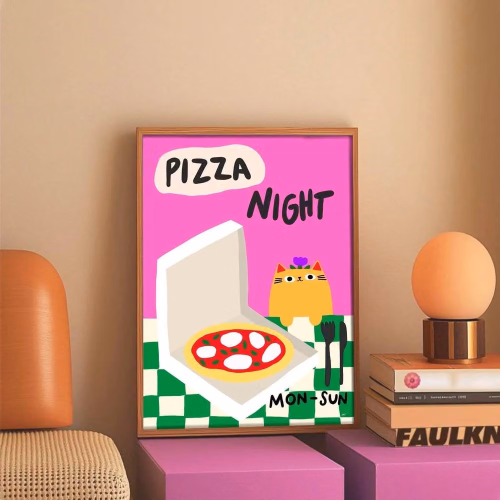 The Paper Tail Pizza Night Funny Cat Art Print, Multicolour Illustration – 3