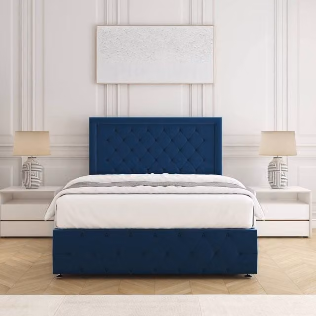 BSSPOKE Lena King Size Divan Bed with 24 inch Headboard and Mattress in Blue Plush Velvet, W/D/H: 180 x 200 cm
