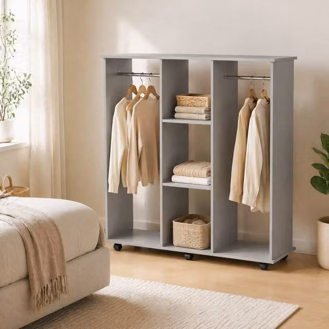 STILVORA Open Wardrobe with Shelves and Wheels, Grey, H: 128.0 cm, W: 120.0 cm