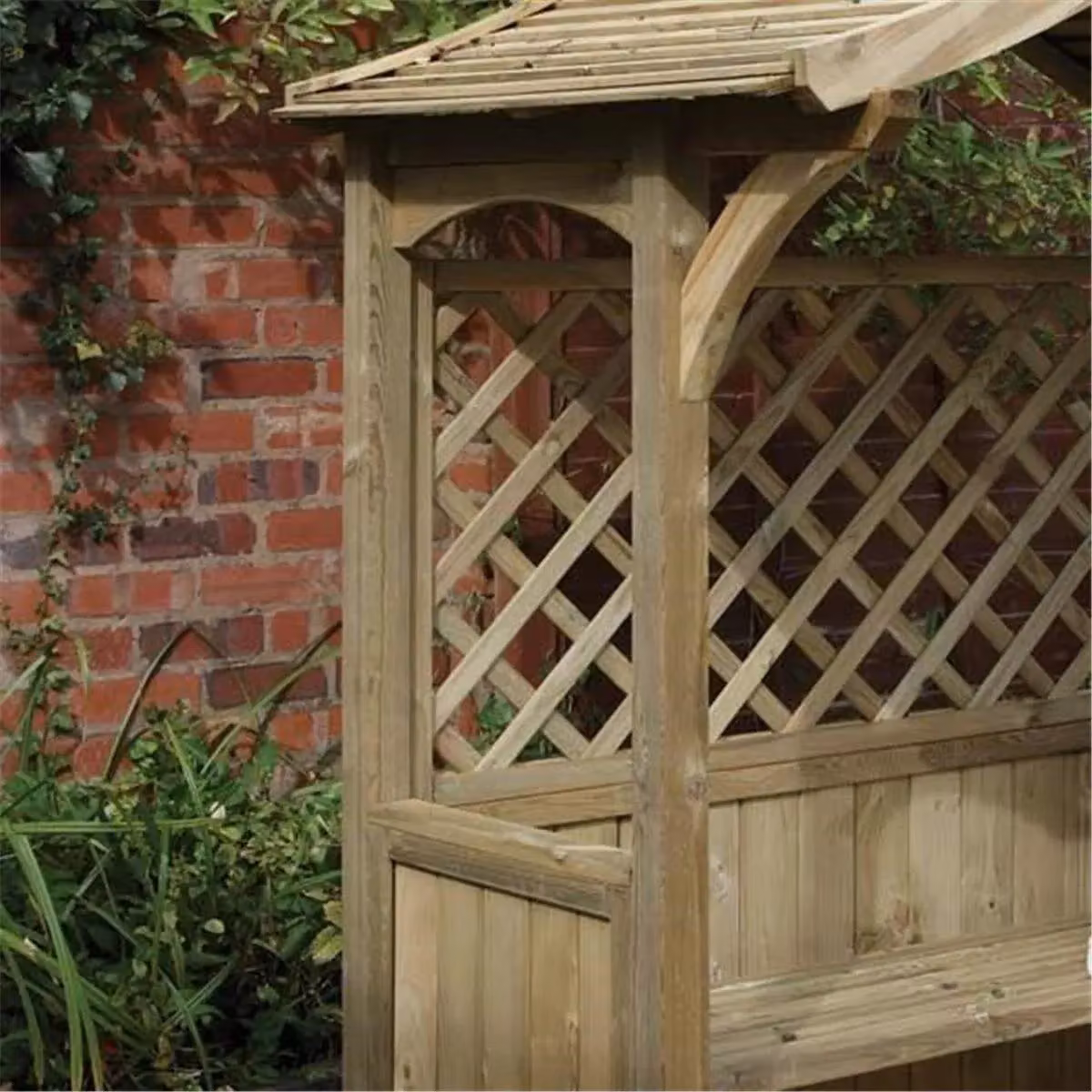 Cheshire Pressure Treated Wooden Arbour with Side Shelves and Open Lattice in Light Oak – 3