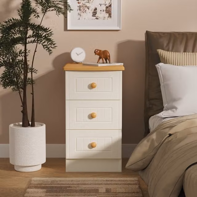 Warwick Ready Assembled 3 Drawer Bedside Cabinet in Cream Ash and Modern Oak