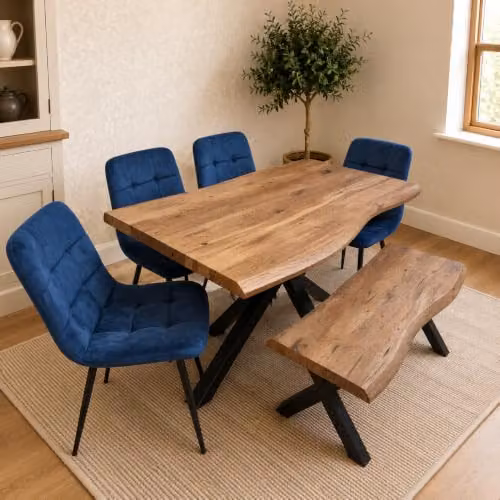Kosy Koala X-Shaped Live-Edge Dining Set with Rustic Brown Wooden Effect Table, 4 Blue Velvet Tufted Chairs and Bench, W/D/H: 140 x 80 x 75 cm – 1
