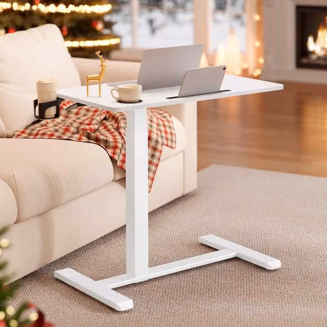 The Bazaarist Adjustable Rolling Overbed Desk with Cup Holder, White