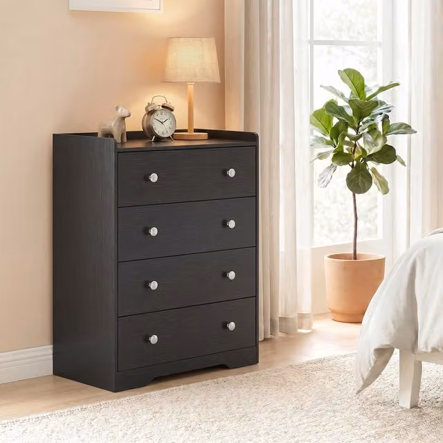 HOMCOM 4 Drawer Chest of Drawers Storage Cabinet in Black Wood Effect
