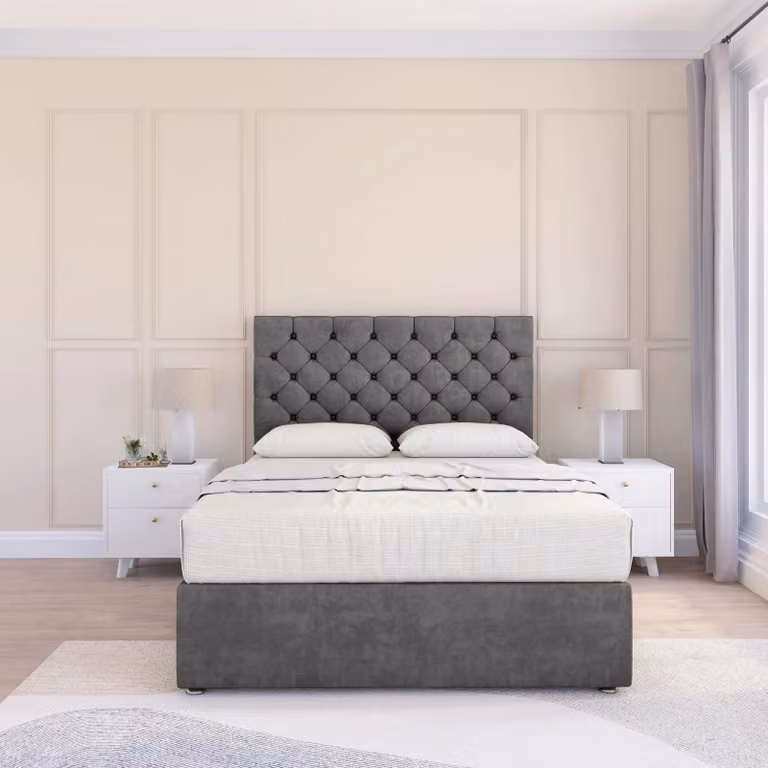 Sloomy Mayfair Chesterfield Divan Bed Base and Floor Standing Headboard in Beige Velvet, W/D/H: 140 x 200 cm