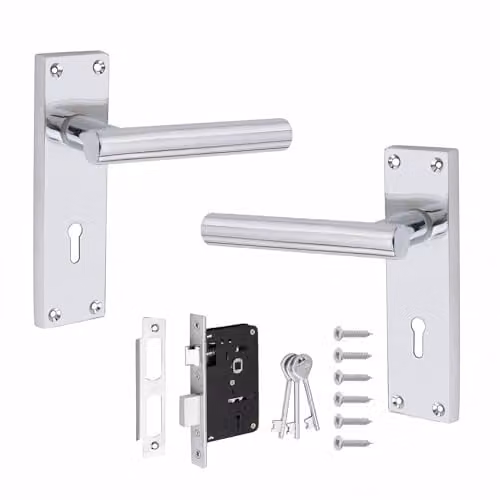 Golden Grace Straight T-Bar Door Handles with Key Lock Set in Polished Chrome and Silver Zinc
