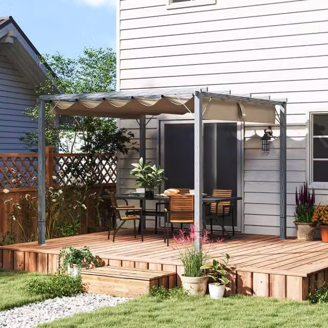 Outsunny Grey Aluminium Pergola with Retractable Roof, W: 300 cm, D: 300 cm, H: 300 cm