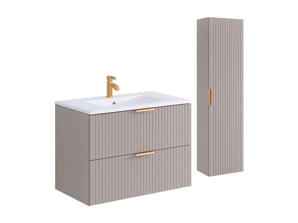 Vente-unique Striped Wall-Mounted Bathroom Vanity Unit with Inset Basin and Tall Cabinet in Beige – 2