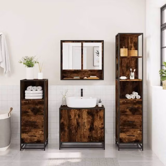 Berkfield Home 4-Piece Industrial Bathroom Furniture Set in Smoked Oak and Brown – 1