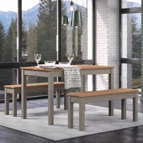 Corona Linea Rectangular Dining Table and 2 Bench Set in Antique Waxed Pine and Grey