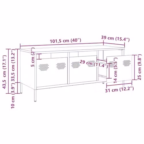 vidaXL Industrial Style TV Cabinet in Olive Green Matt Metal, W: 101.5 cm, H: 43.5 cm, D: 39.0 cm – 3