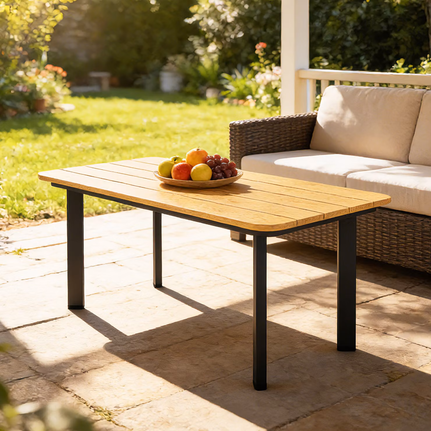 Outsunny Modern Rectangular Outdoor Garden Coffee Table with WPC Slatted Top and Metal Frame, Brown, W/D/H: 90 x 50 x 40 cm – 8