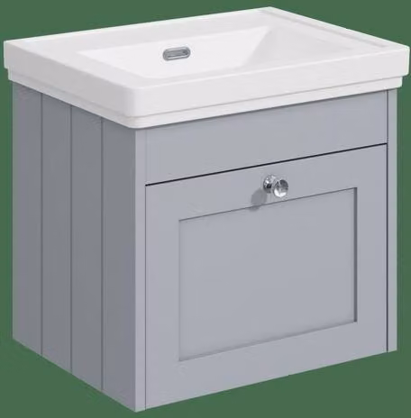 Balterley 500 mm Wall Hung 1 Drawer Unit and Classic Basin with No Tap Hole in Satin Grey