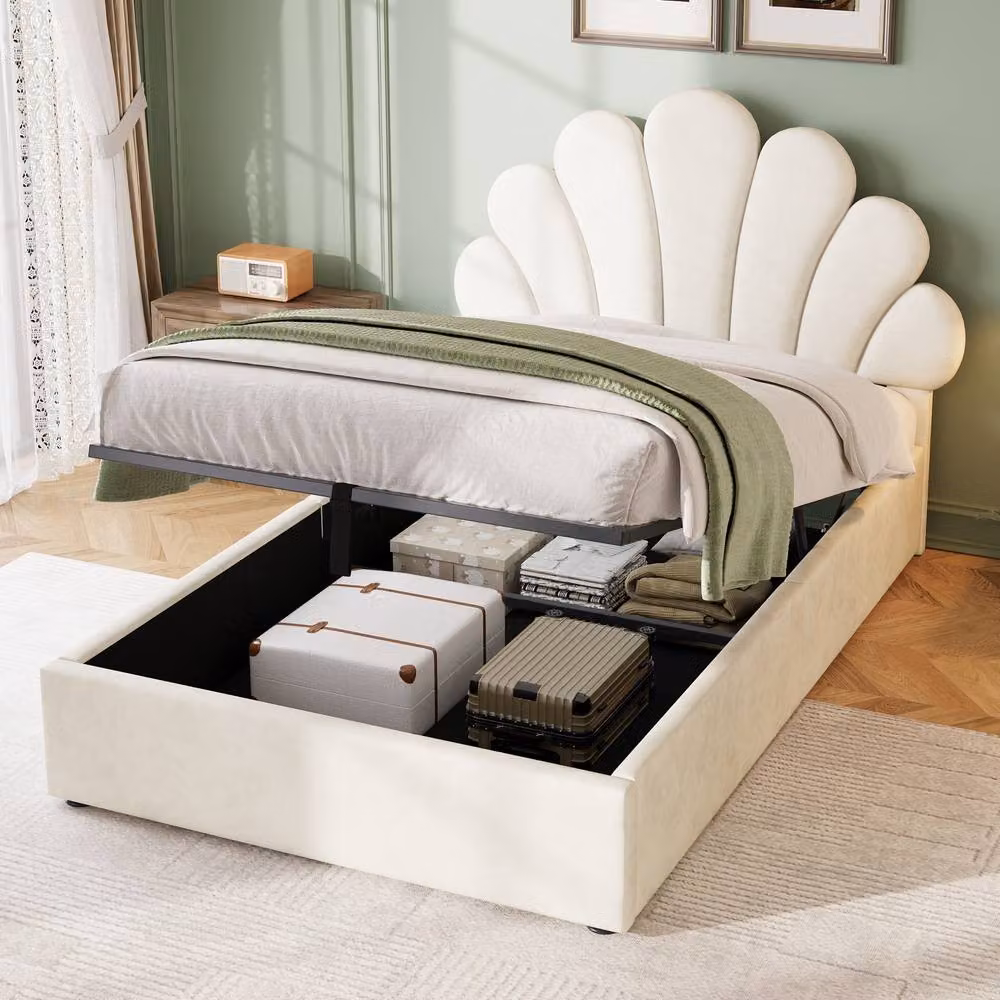 Merax 3ft Single Upholstered Velvet Bed Frame with Petal Headboard and Lift Up Base, Beige, W/D/H: 90 x 190 x 111 cm – 2