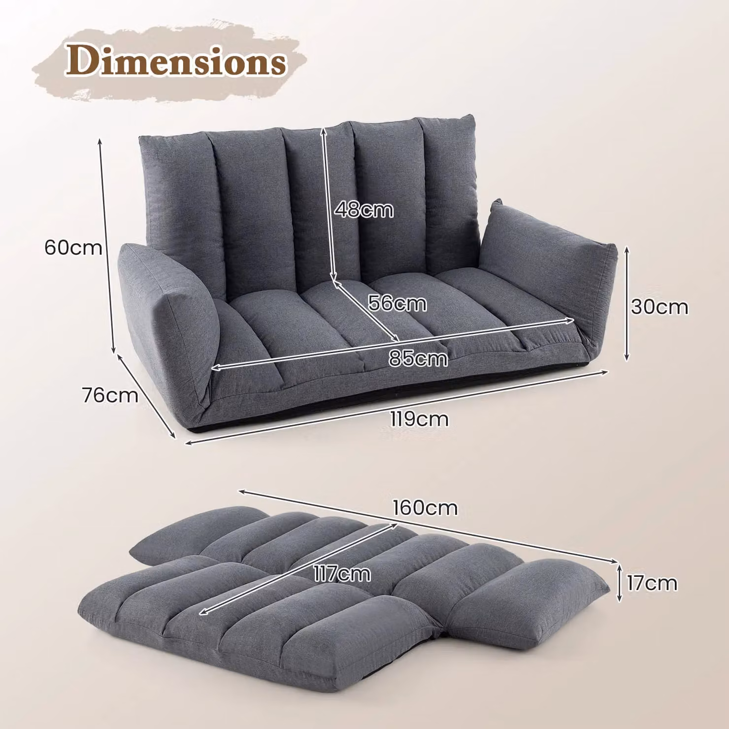 Gymax Foldable Floor Sofa Recliner Chair in Grey with Adjustable Backrest and Metal Frame – 2