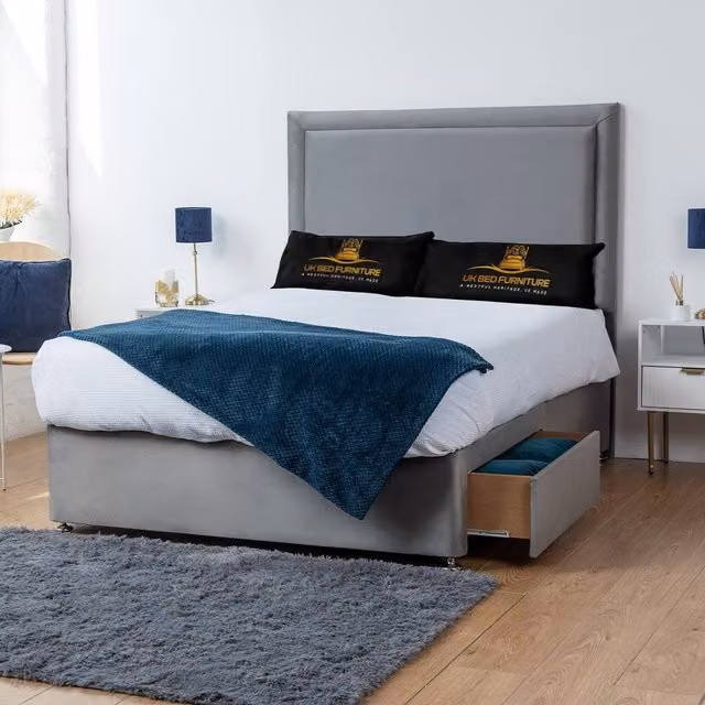 UK Bed Furniture Ascot Grey Fabric Divan Bed with 2 Drawers Same Side and 26 Inch Headboard, W/D/H: 180 x 200 cm