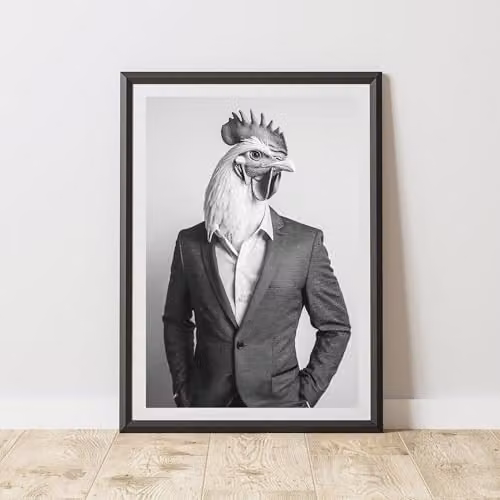 60 Second Makeover Chicken Wearing A Suit Paper Poster, Black and White, A3