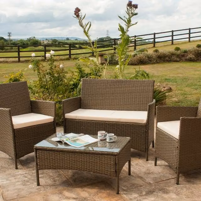 Comfy Living 4 Piece Modern Brown Rattan Garden Furniture Set with Glass Top