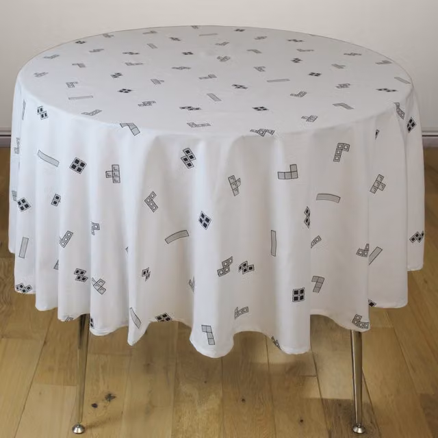 Tetris Modern Graphic Round Tablecloth in White, Diameter: 182.88 cm