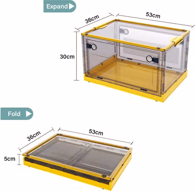 Kidkid Set of 3 Foldable and Stackable Plastic Storage Boxes with Lids, Yellow/Transparent, W/D/H: 41 x 41 x 41 cm