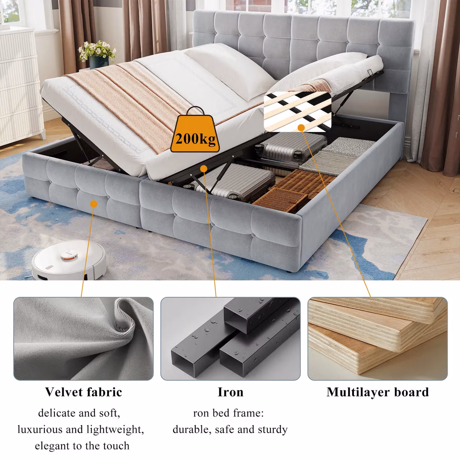 Matteo Grey Upholstered Hydraulic Double Bed with Velvet Fabric and Lift Up Base, W/D/H: 180 x 190 cm – 4