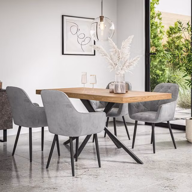 More4Homes Donni Dining Table and 4 Anika Velvet Chairs in Grey with Oak Effect Top
