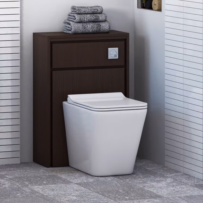 Livora Elena Wall Mounted BTW WC Unit with Rimless Toilet Pan, Slim Soft Close Seat and Cistern in Walnut Woodgrain and White, Width: 55.5 cm