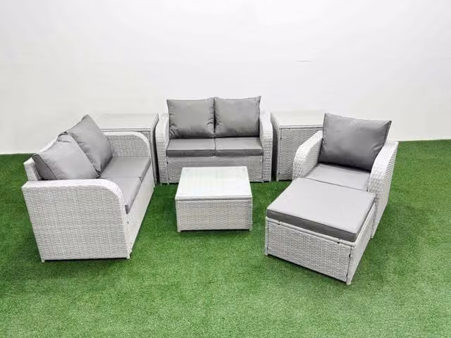 Fimous Grey Poly Rattan Garden Furniture Set with 2-Seater Sofa, Reclining Armchair, Ottoman, Coffee Table and Cushions