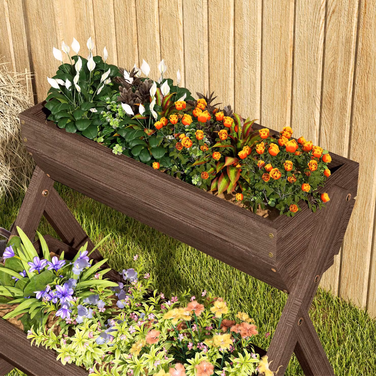 Outsunny 3 Tier Wooden Raised Garden Bed Elevated Planter Box in Sand, W/D/H: 65 x 75 x 78 cm – 7