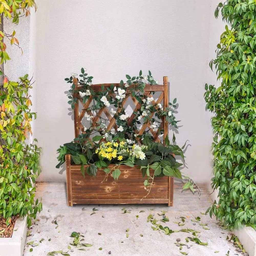 FLAVORA Brown Wooden Raised Planter with Climbing Trellis, W/D/H: 63.5 x 34 x 76 cm – 4